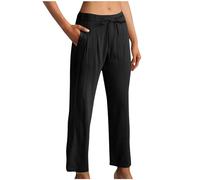 2024 Linen Trousers Womens Petite Warehouse Deals Clearance, Ladies Elasticated Waist Stright Leg Trousers Lightweight Solid Color Straight Leg Lounge Pants Buttons Work Bottoms with Pockets Deals