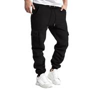 2024 Men's Thermal Joggers with Drawstring Waist Comfortable Casual Fashionable and Warm Men's Solid Color Work Clothes Pockets and Sanitary Pants with Foam (Black, L)