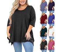 2024 New 3/4 Sleeve Plus Size Tops for Women UK Crewneck Mid-Sleeve Maternity Loose Tunic Top Blouse Solid Color T-Shirts Clothes Swing Top Fitting Clothing T Shirts Daily Essentials Pullover Sales