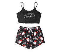 2024 New Christmas Women's 2PCS Sleepwear Set Christmas Pattern Christmas Santa Deers Print Lettuce Trim Cami Top Vest and Shorts Hot Pants Thin Pajama Set Sleepwear Sexy Party Short Suit for (G, L)