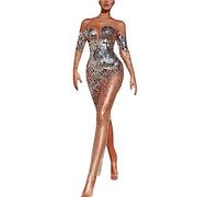 2024 New Christmas Women's Sequined One Houlder Sexy Mesh See Through Long Evening Gown Off The Shoulder Corset Dress (Silver, M)