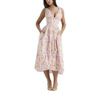 2024 New Emmelina Cotton Corset Sundress, Summer V Neck Backless Dress Lace Up Flowy Sundress Maxi Dress (Pink Flower,XL)