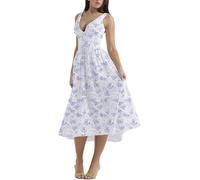2024 New Emmelina Cotton Corset Sundress, Summer V Neck Backless Dress Lace Up Flowy Sundress Maxi Dress (Blue Rose,M)