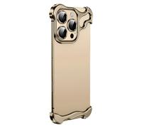 Cmeilau 2024 New Frameless Special-Shaped Metal Corner Anti-Fall Phone Case for iPhone 16 15 14 13 Pro Max/Plus,Borderless Slim No Back Bumper with Camera Cover Lens Film,Heat Dissipation Gold