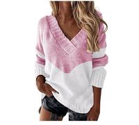 2024 New Jumper Christmas Womens Tops Warm Clothes Women's Autumn Winter V Neck Color Blocked Knitted Loose Casual Warm Pullover Sweater Cold Sweater (Pink, M)