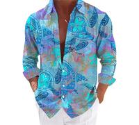 2024 New Men's Ocean Shirts Long Sleeve Casual Button Down Beach Flower Shirt and Long Suits Mens Trunks (Light Blue, L) Sales