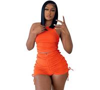 2024 New Shorts Suit for Women Girl Fashion Summer Two Outfits for Women Casual Stretchy Ribbed Tank Crop Top Drawstring Ruched Shorts Set Workout Tracksuits Womens Swimsuit Shirt (Orange, S)