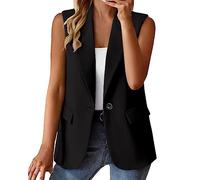 2024 New - Women's Sleeveless Coat Solid Color Cardigan Suit Casual Lapel Cardigan Jacket with Pockets Wool Coat Petite Size Woman (Black, XL)