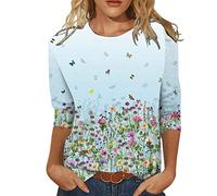 2024 Plus Size Longline Tops Printed Shirt for Womens Casual Summer Tops Floral Three Quarter Sleeve Round Neck Pay Monthly Items Pay Monthly Items only Sky Blue