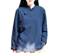 2024 Retro Ethnic Style Chinese Tops Women Plus Size Traditional Hanfu Blouse Loose Casual Cotton Linen Shirt (Color : Dark blue, Size : XL)
