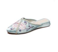 2024 Summer Chinese Ancient Style Flower Embroidered Flat Mules Ethnic Style Pointed Toe Satin Casual Slippers Comfort Soft Non-slip Shoes for Women(Color:Green,Size:5 UK)