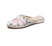 2024 Summer Chinese Ancient Style Flower Embroidered Flat Mules Ethnic Style Pointed Toe Satin Casual Slippers Comfort Soft Non-slip Shoes for Women(Color:Beige,Size:6.5 UK)