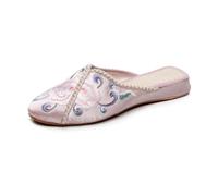 2024 Summer Chinese Ancient Style Flower Embroidered Flat Mules Ethnic Style Pointed Toe Satin Casual Slippers Comfort Soft Non-slip Shoes for Women(Color:Pink,Size:6.5 UK)