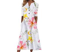 2024 Summer Midi Dresses for Women UK Retro Floral Print Women's Dress with Pockets Casual Short Sleeve Button Down Tshirt Dress Vintage Beach Vaation Elegant Sundress Maxi Dresses for Women