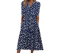 2024 Summer Midi Dresses for Women UK Retro Floral Print Women's Dress with Pockets Casual Short Sleeve Button Down Tshirt Dress Vintage Beach Vaation Elegant Sundress Maxi Dresses for Women