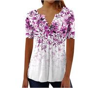 2024 Summer T Shirts for Women UK Short Sleeve Button Up V Neck Tops Trendy Pleated Henley Tunic Shirts Dressy Casual Butterfly Floral Print Blouse Ladies Elegant Going Out Tee