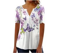 2024 Summer T Shirts for Women UK Short Sleeve Button Up V Neck Tops Trendy Pleated Henley Tunic Shirts Dressy Casual Butterfly Floral Print Blouse Ladies Elegant Going Out Tee