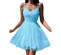 2024 Teens Homecoming Dresses Women's Tulle Spaghetti Straps Short Prom Dresses V-Neck Sleeveless Cocktail Gowns Mini Dress Light Blue S