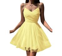 2024 Teens Homecoming Dresses Women's Tulle Spaghetti Straps Short Prom Dresses V-Neck Sleeveless Cocktail Gowns Mini Dress Yellow M