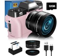 2024 Upgrade VJIANGER Digital Camera for Photography 4K 56MP Vlogging Camera for YouTube with WiFi, 180 Degree Flip Screen, 16X Digital Zoom, 52mm Lens, 2 Batteries, 32GB TF Card(W02-Pink35)
