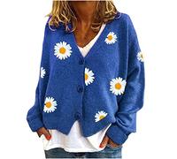 2024 Women Cardigan Autumn Winter Cute Daisy Cardigans Women's Floral Print Long Sleeve V-neck Sweaters Button New Ladies Knitted Cardigan Pockets Sweet Girls Knitted V Neck Vintage Casual Coat
