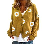 2024 Women Cardigan Autumn Winter Cute Daisy Cardigans Women's Floral Print Long Sleeve V-neck Sweaters Button New Ladies Knitted Cardigan Pockets Sweet Girls Knitted V Neck Vintage Casual Coat