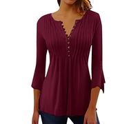 2024 Women Oversized T Shirt Women's Spring and Summer Seven Minutes of Bell Sleeve V Neck Pressed Pleated Solid 1 Pound Items Clearance Items Wine