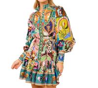 2024 Women Printed Mini Dress, Long Sleeve Stand Collar Buttons Dress, Ladies Vestidos Summer Holiday Hawaii Beach Casual Robe