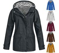 2024 Women Rain Coats and Jackets Clearance Ladies Striped Drawstring Zipper Hooded Coats Plus Size Softshell Windproof Trench Coat with Pocket Jackets Winter Outdoor Camping Hiking Waterproof Coats
