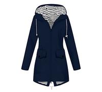 2024 Women Rain Coats and Jackets Clearance Ladies Striped Drawstring Zipper Hooded Coats Plus Size Softshell Windproof Trench Coat with Pocket Jackets Winter Outdoor Camping Hiking Waterproof Coats