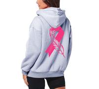 2024 Women's Autumn Winter Fashion Hooded Sweatshirt Breast Cancer Awareness Ribbon Feather Print Zipper Long Sleeve Casual Sports Pullover with Pocket (Light Gray, XXL)