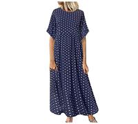 2024 Women's Casual Summer Plus Size Polka Dot Long Maxi Dresses Loose Baggy Short Sleeve Sundresses with Pockets(Za Blue,XL)