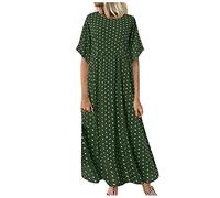 2024 Women's Casual Summer Plus Size Polka Dot Long Maxi Dresses Loose Baggy Short Sleeve Sundresses with Pockets(Za Army Green,XL)