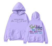 2024 Women's God Is Within Her She Printed Hoodie Long Sleeve Pullover with Bum Pocket, Light purple, M