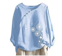 2024 Womens Linen Tops Womens Tops Long Sleeve Printed Cotton and Linen Taraxacum Printed Buttons O Neck T Shirt Blouse 2024 Womens Sky Blue