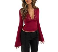 2024Women Floral Lace Shirt Y2K Going Out Tops Flare Sleeve Deep V Neck Sexy Blouse Tight Basic Crop Tee Tops Crop Shirt (red,L)