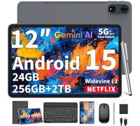 2025 12 Inch Tablet, Android 15 Tablets with Keyboard, 24GB+256GB+2TB Expand, 2K Display, Tablet PC with 5G WiFi, Octa-Core, 8000mAh, BT5.0, GMS, GPS, 2 in 1 Tablets with Case, Mouse, Stylus(Silver)