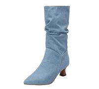2025 2023 Autumn and Winter New Europe and The United States Solid Color Pointed Head with High Heel Pleated Boots Foreign Trade Mid Calf Boots Stacked Women's Extra Wide Calf (Blue, 5.5)