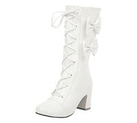 2025 2023 Autumn and Winter New Korean Women Bowknot Chunky Heel High Heel Mid Calf Boots Student Boots Sparkly Cowboy for Women (White, 6)