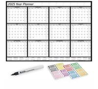 2025 2026 2027 Lamintaed Wall Planner Calendar Chart, 12 Months, January - December With Pen and Stickers (Black 2025, Medium 35cm x 49cm Folded)