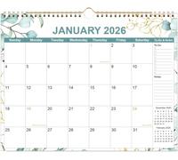 2025-2026 Calendar - Calendar 2025-2026 from September 2025 - December 2026, 18 Months Calendar with Premium Paper, Twin-Wire Binding & Hanging Hook, 12" x 14.5", Green Leaf
