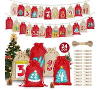 2025 Advent Calendar Gift Bags, 10x14cm Medium Christmas Burlap Bags, Empty Advent Calendar to Fill Yourself, 24 Pcs Christmas Drawstring Gift Bags for Xmas Tree Door Window Gifts Décor (A)