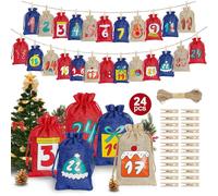 2025 Advent Calendar Gift Bags, 10x14cm Medium Christmas Burlap Bags, Empty Advent Calendar to Fill Yourself, 24 Pcs Christmas Drawstring Gift Bags for Xmas Tree Door Window Gifts Décor (E)