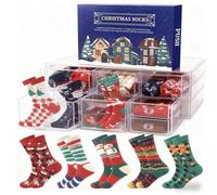 2025 Advent Calendar Socks - 12/24 Pairs Crew Christmas Socks, Breathable Cotton-Blend, Holiday Countdown Gift Box for Men, Women & Teens, Assorted Festive Patterns, Cozy Winter Everyday Wear(12-B)