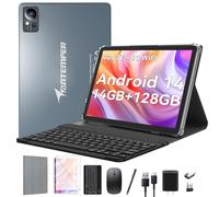 2025 Android 14 Tablet 10 inch, 4G Cellular with 2 SIM, 1 SD Slot, 5G WiFi, 128GB ROM + 14GB RAM, 3-in-1 with Keyboard, 8000mAh Battery, Octa-core, 1080FHD, 13MP+8MP, GPS - Gray