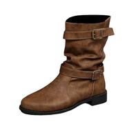 2025 Autumn/Winter Overseas Trade Belt Buckle Round Toe Thick Sole Mid Calf Boots Women's European American Style Flat Heel Leather Boots Extra Wide Calf Riding Boots for Women (Brown, 7.5)