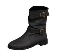 2025 Autumn/Winter Overseas Trade Belt Buckle Round Toe Thick Sole Mid Calf Boots Women's European American Style Flat Heel Leather Boots Extra Wide Calf Riding Boots for Women (Black, 4)