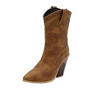 2025 Boots for Women Cowboy Boots for Women Ladies Western Boot Pointed Toe Low Chunky Heel Short Ankle Booties Wide Calf Knee high Plus Size (Brown, 6.5)