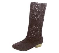 2025 Boots for Women Foreign Trade Autumn Women Boots lace Hollow Low Heel Round Head high Barrel Long Rubber (Brown, 6)