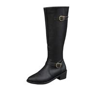 2025 Boots for Women Ladies British Style Leather Belt Buckle Decorative Side Zipper dashion Long Tube Knee Boots Soft Leather high Women (Black, 6.5)